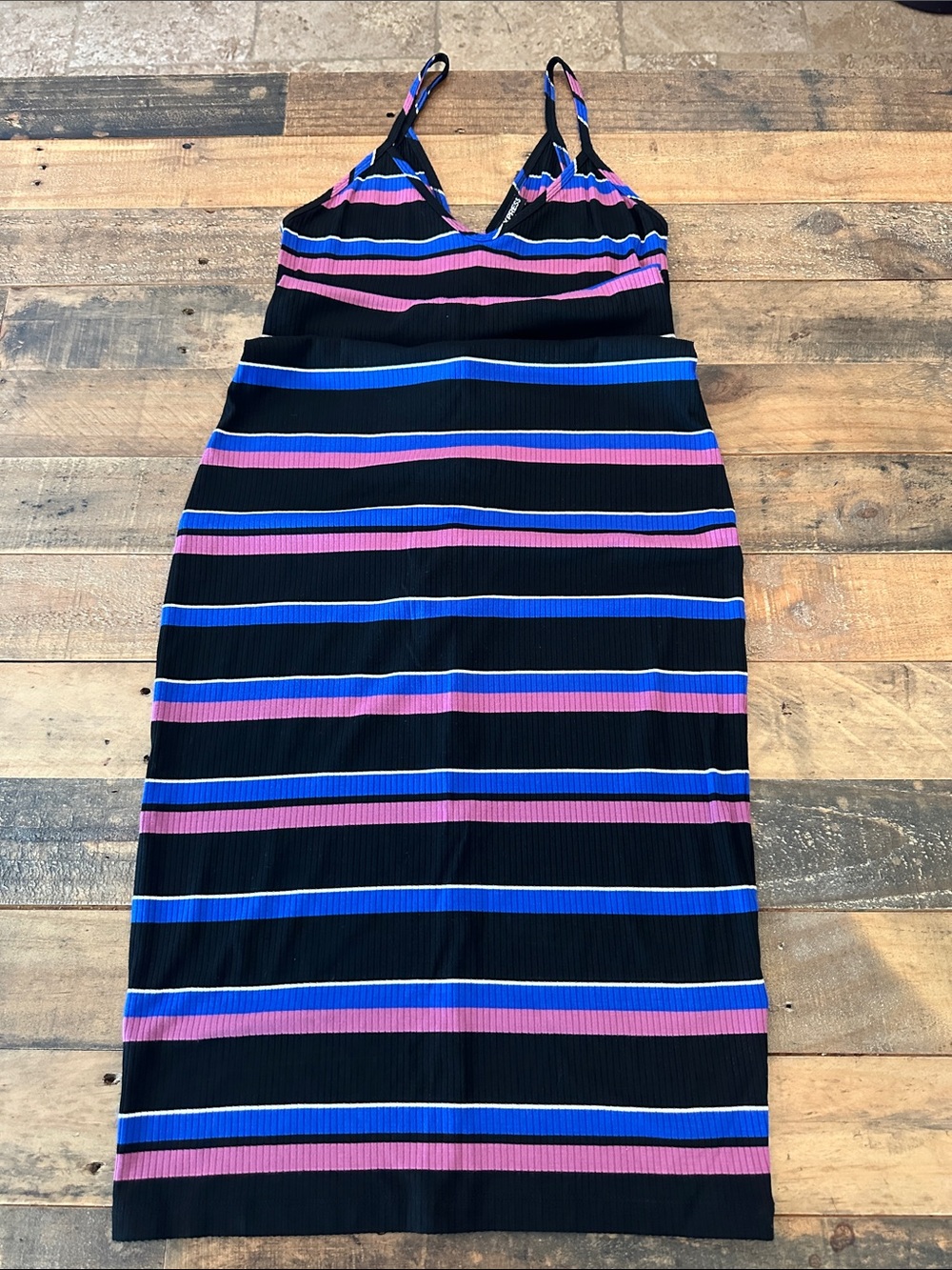 Express Black Ribbed Dress with Blue and Pink Stripes
